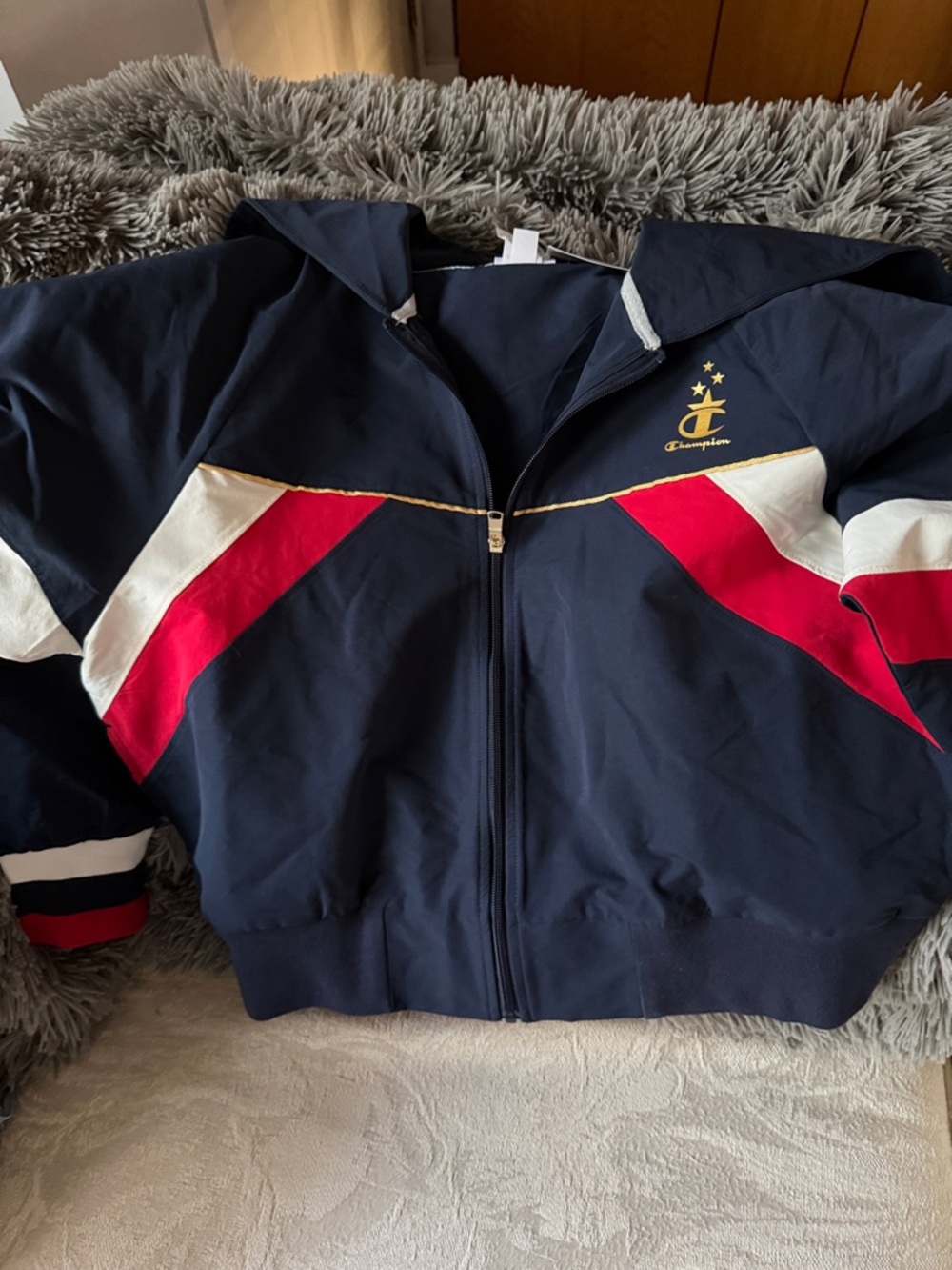 Champion Navy Zip Hoodie with Red & White Chevron Panels